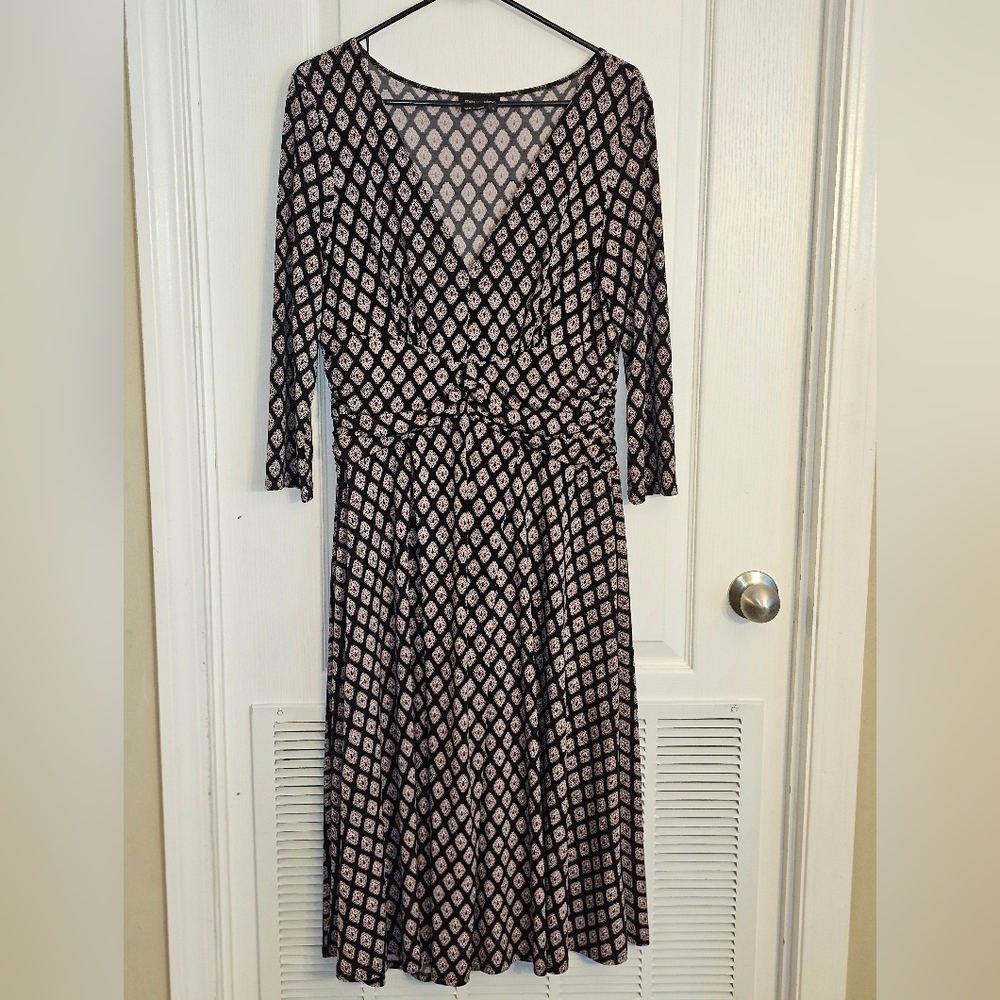 Max & Cleo Black and Cream Printed V-Neck Wrap Midi Dress